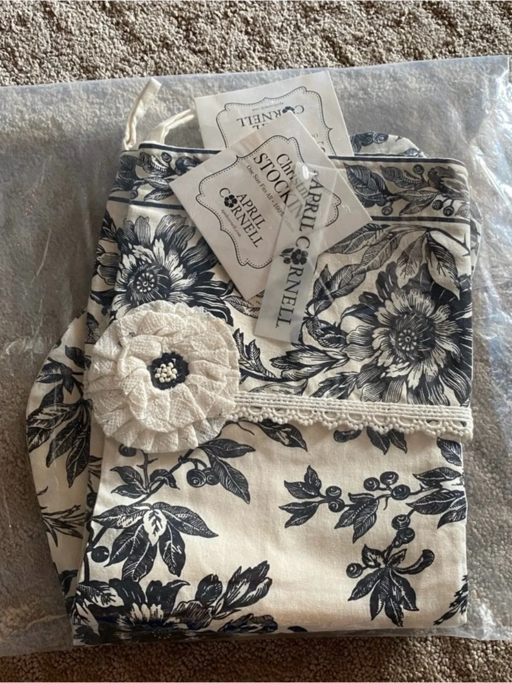 April Cornell Felicity Toile Christmas Stockings NWT Set of 2 Black Ivory